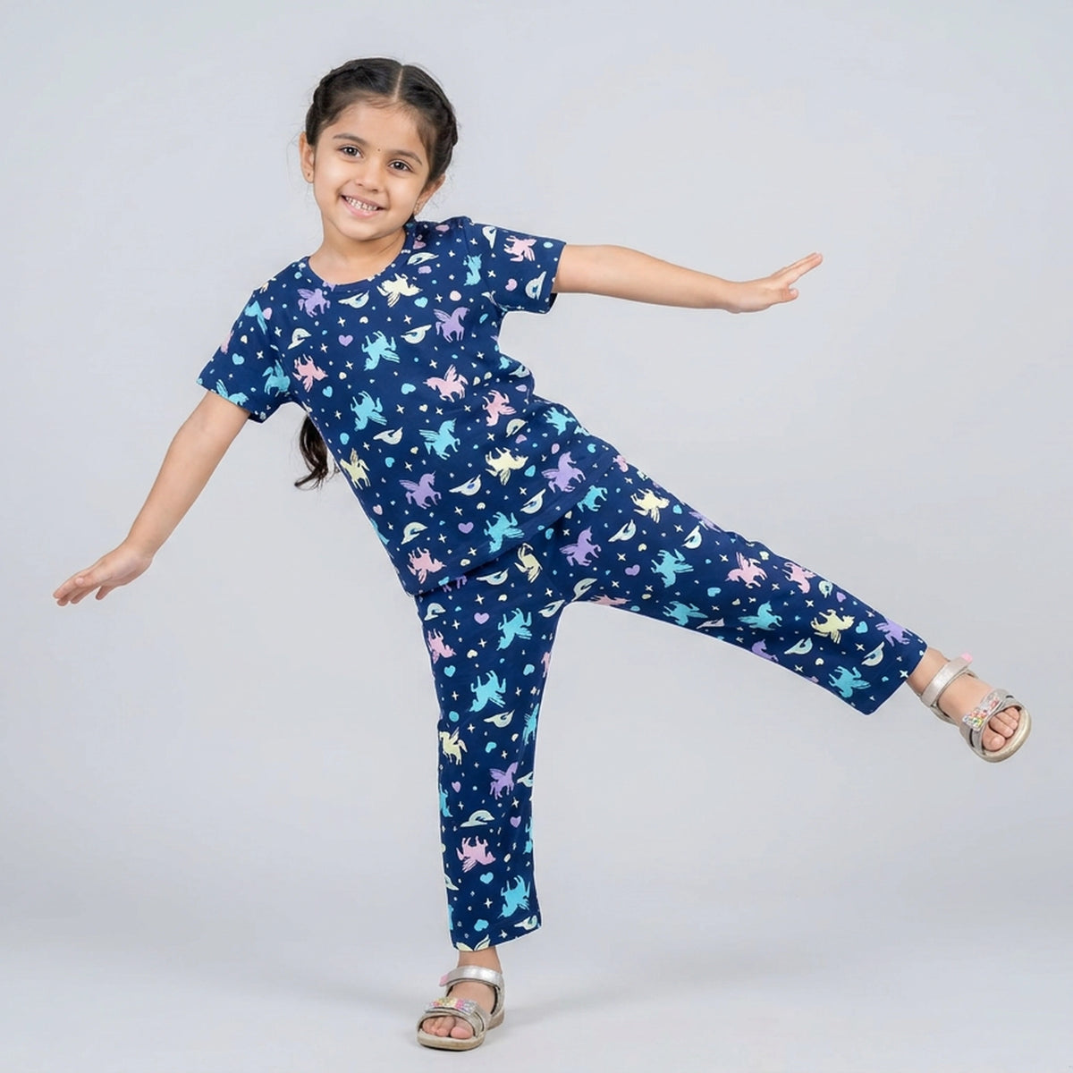 Girls Navy Blue Floral Print Cotton A-Line Dress – Casual Everyday Wear