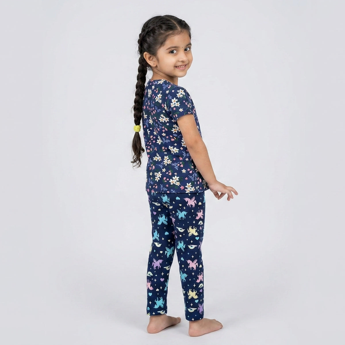 Girls Navy Blue Floral Print Cotton A-Line Dress – Casual Everyday Wear