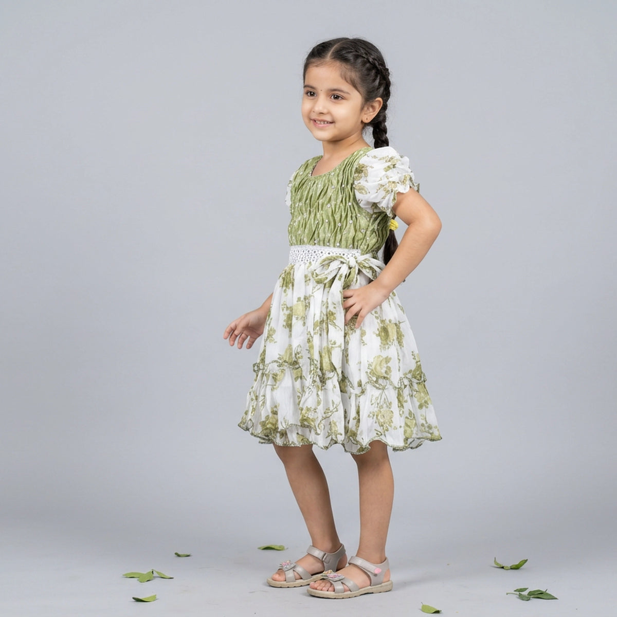 Girls Crinkle Textured Bodice Floral Print Dress with Bow Belt