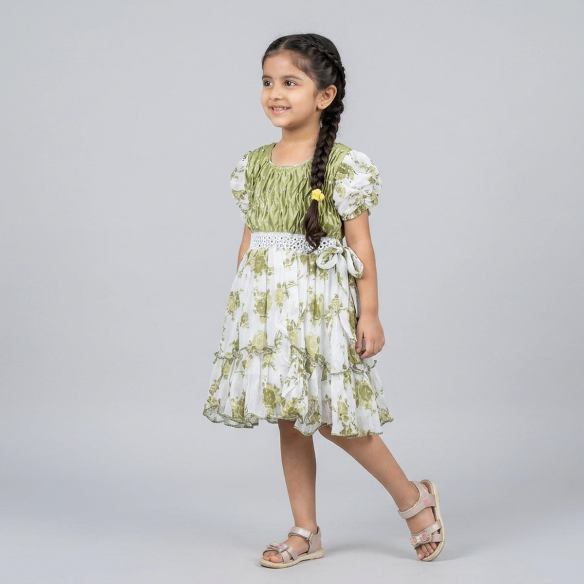Girls Crinkle Textured Bodice Floral Print Dress with Bow Belt