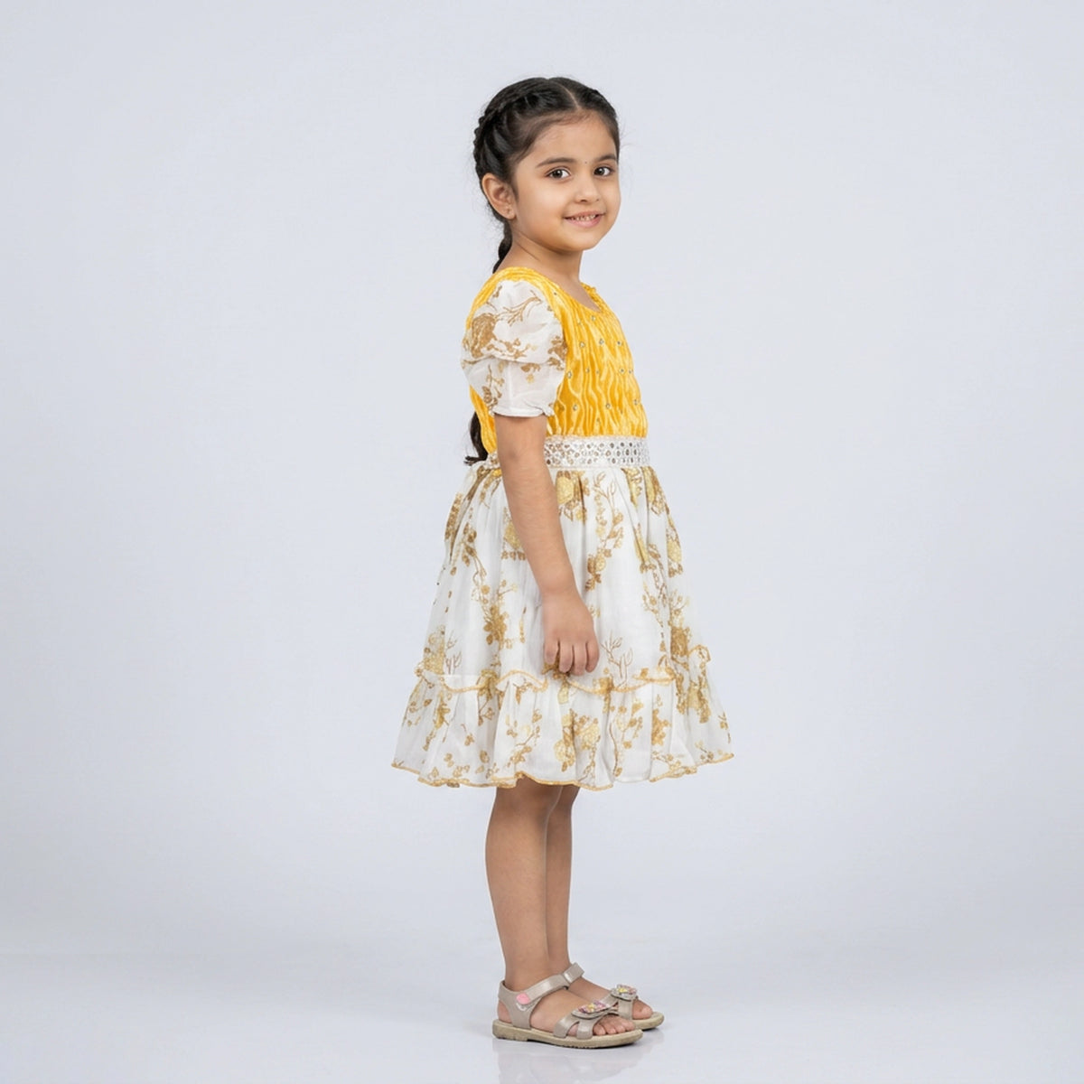 Girls Crinkle Textured Bodice Floral Print Dress with Bow Belt