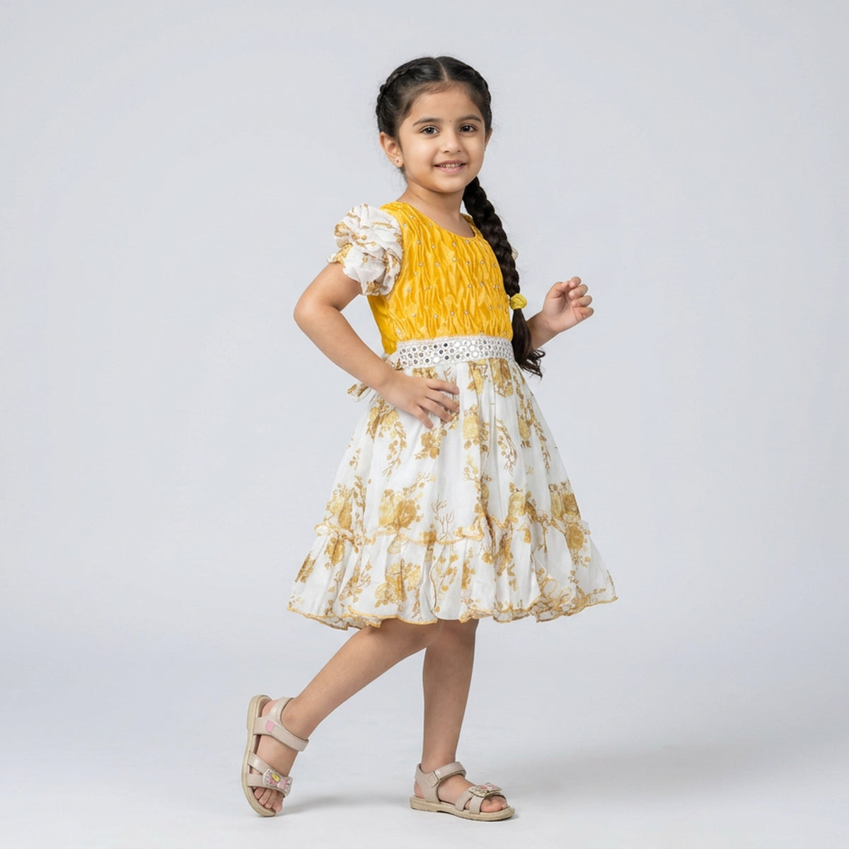 Girls Crinkle Textured Bodice Floral Print Dress with Bow Belt