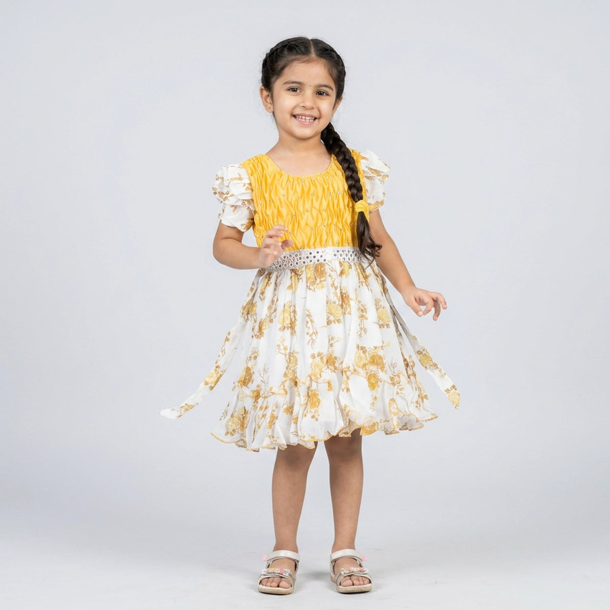 Girls Crinkle Textured Bodice Floral Print Dress with Bow Belt