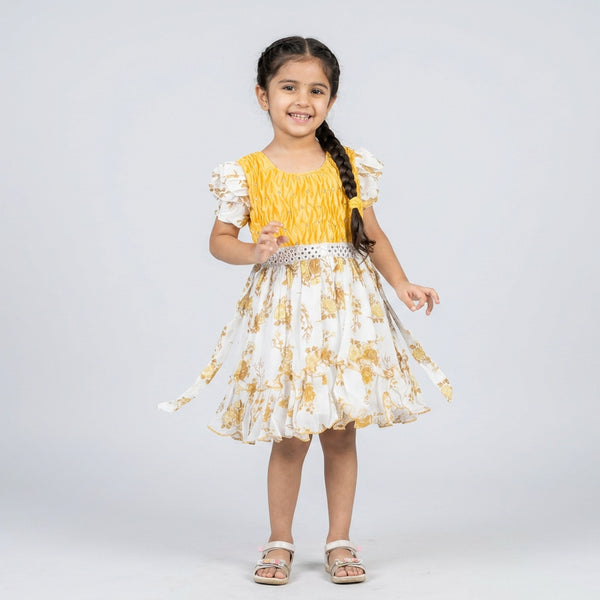 Girls Crinkle Textured Bodice Floral Print Dress with Bow Belt