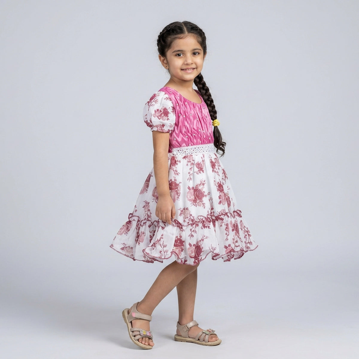 Girls Crinkle Textured Bodice Floral Print Dress with Bow Belt