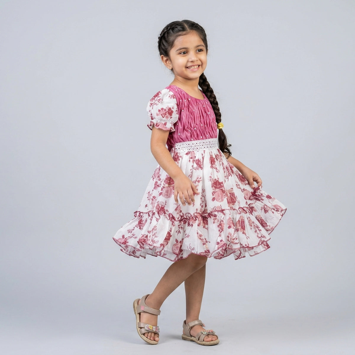 Girls Crinkle Textured Bodice Floral Print Dress with Bow Belt