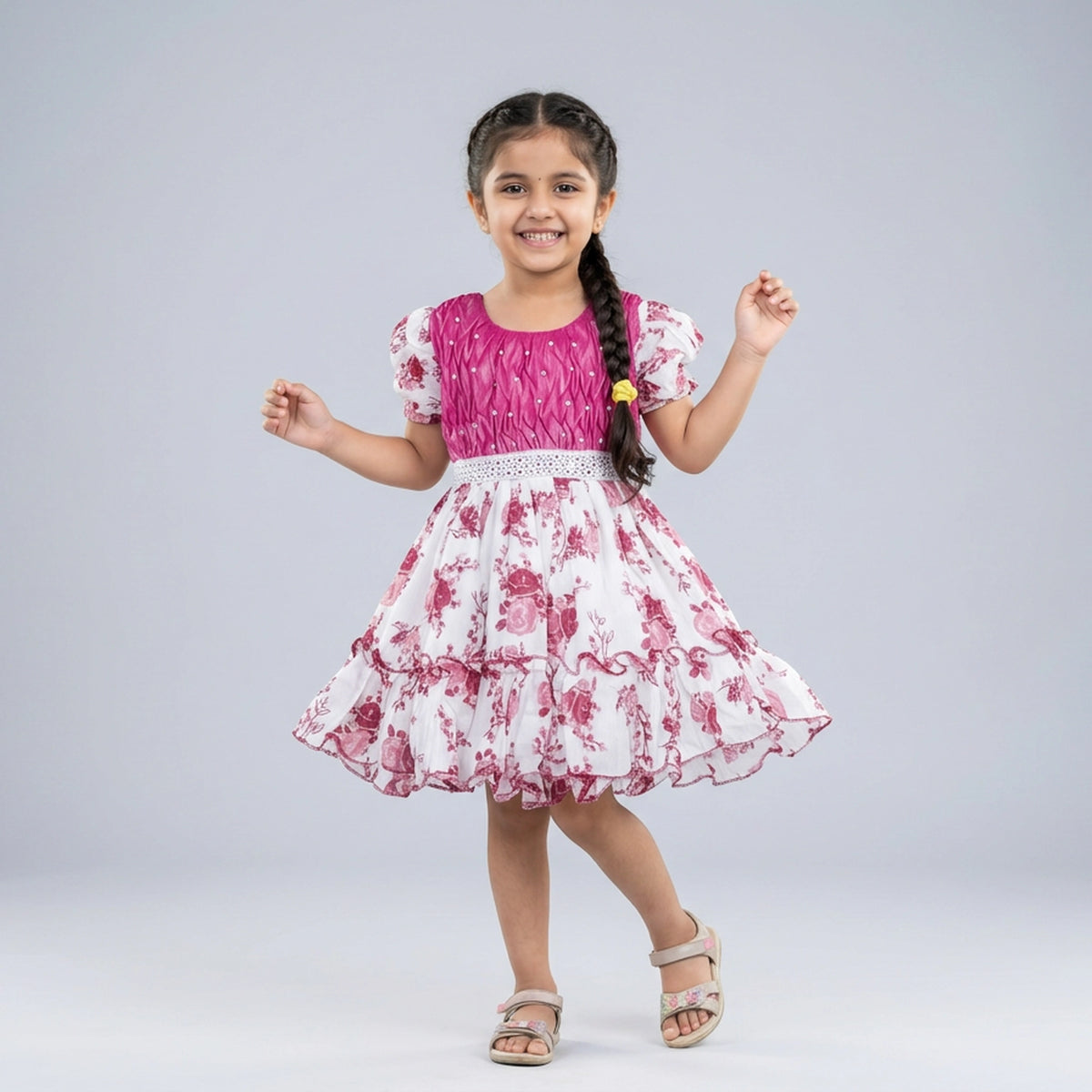 Girls Crinkle Textured Bodice Floral Print Dress with Bow Belt