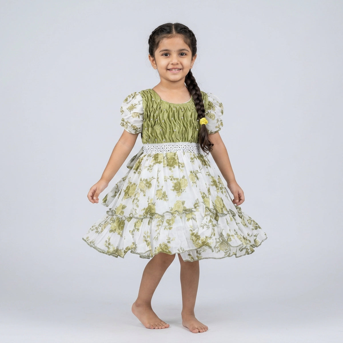 Girls Crinkle Textured Bodice Floral Print Dress with Bow Belt