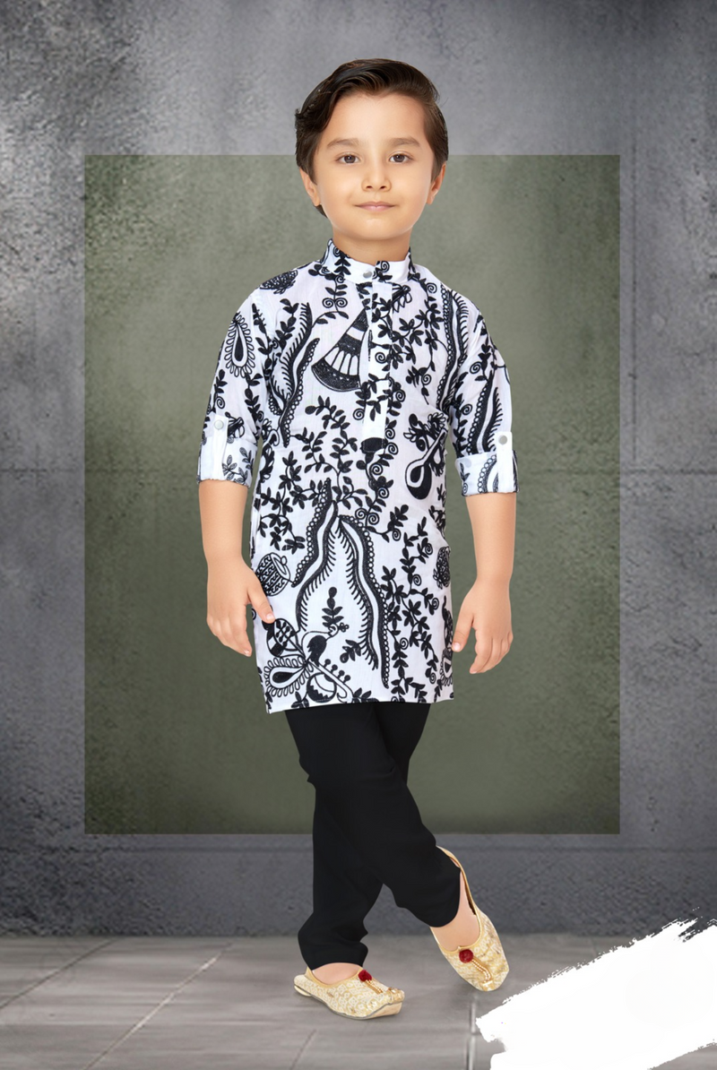 Boys Black & White Embroided Kurta Pyjama Set | Kids Ethnic Wear